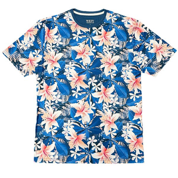 WEIV mens tropical print tshirt with vibrant blue and pink floral design on a white background