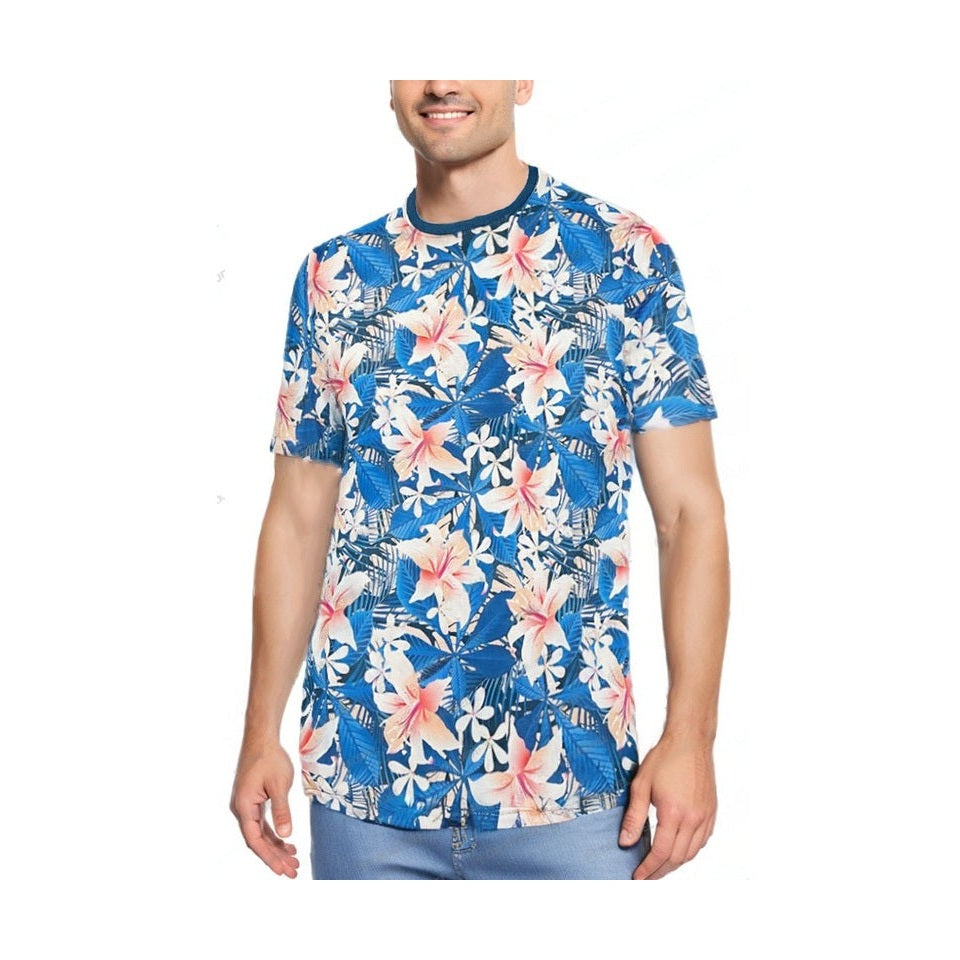 WEIV mens tropical print tshirt with blue and pink floral design and short sleeves
