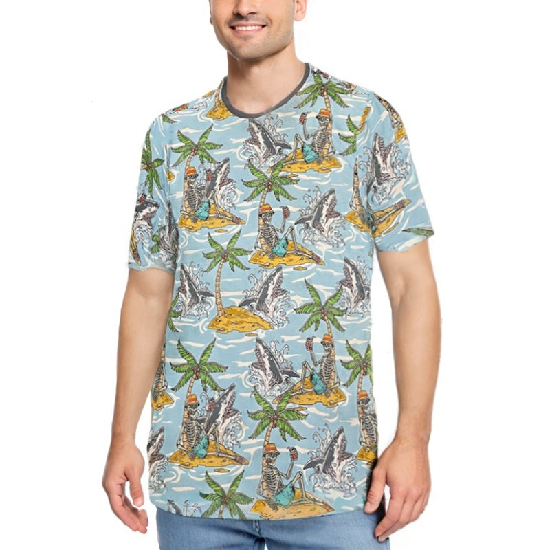 WEIV mens tropical print tshirt with palm trees and island design in light blue