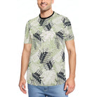 WEIV mens tropical print tshirt with green and black leaf pattern and black collar