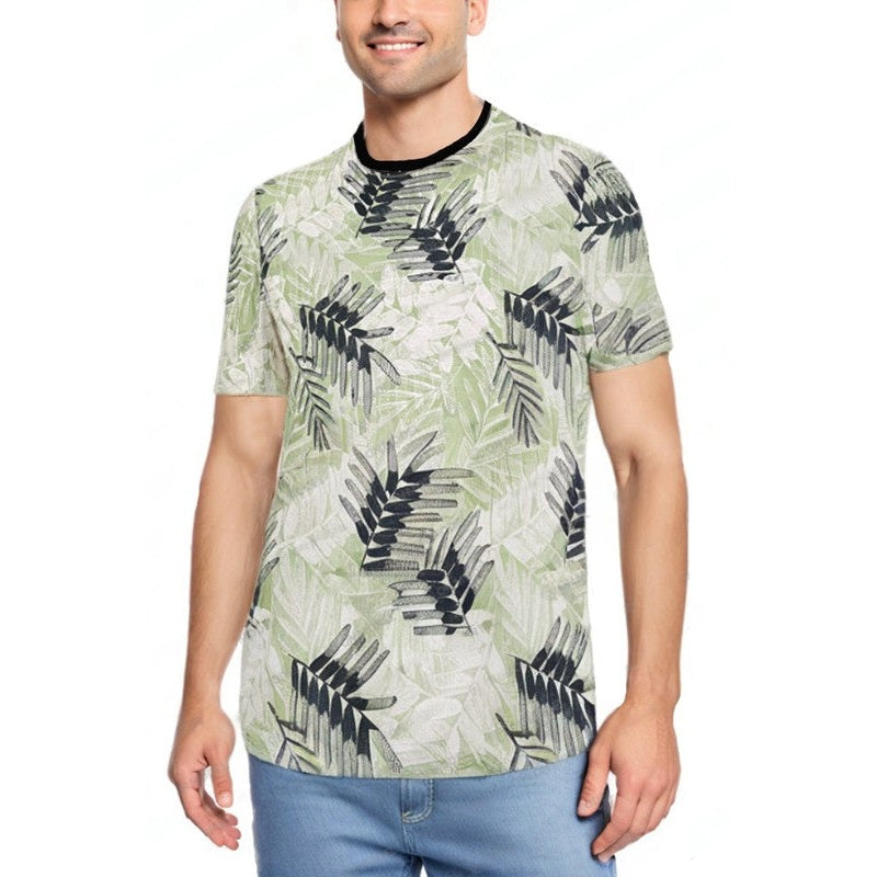 WEIV mens tropical print tshirt with green and black leaf pattern and black collar