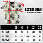 WEIV mens tropical print tshirt with green and black leaf pattern and sizing chart in inches