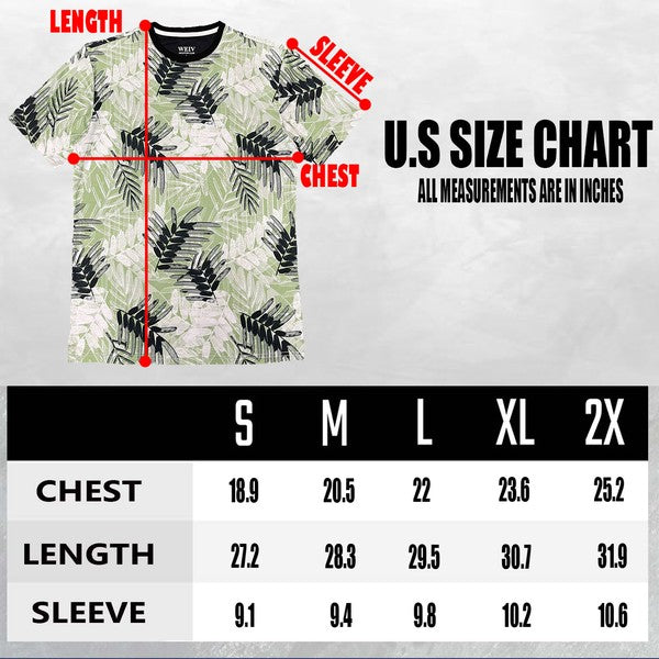 WEIV mens tropical print tshirt with green and black leaf pattern and sizing chart in inches