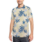 WEIV mens tropical print tshirt with navy blue and white palm leaf design on beige background