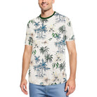 WEIV mens tropical print tshirt with palm tree and floral design in green and blue on white background