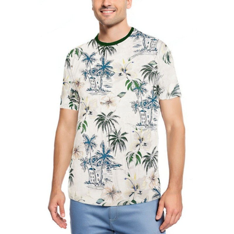 WEIV mens tropical print tshirt with palm tree and floral design in green and blue on white background