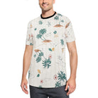 WEIV mens tropical print tshirt featuring palm trees and island motifs on a light background