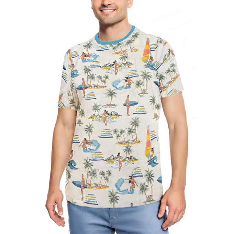 WEIV mens tropical print tshirt with colorful beach and palm tree design, short sleeves, and blue collar