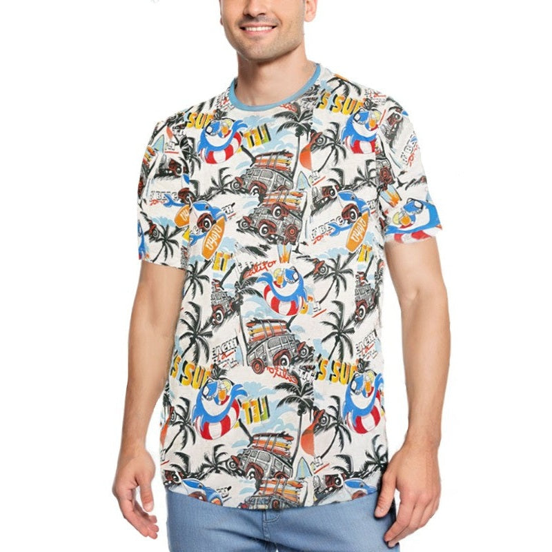 WEIV mens tropical print tshirt with colorful palm trees and vintage car illustrations