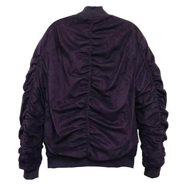 Microsuede Scrunched Bomber Jacket - VacationGrabs