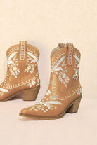Let's See Style western ankle boots for women in tan with floral embroidery and a stylish heel