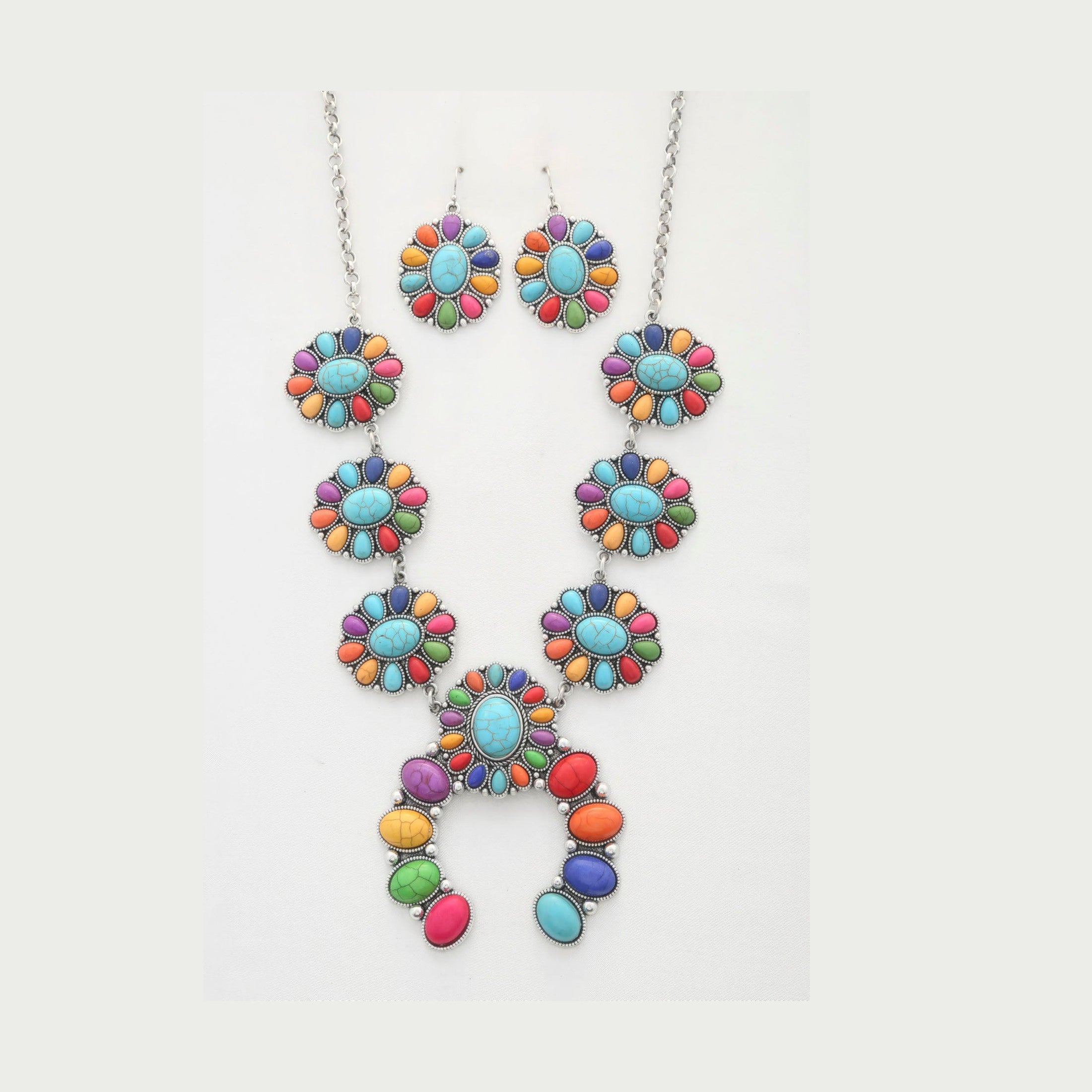 Colorful western concho necklace for women with matching earrings, perfect for adding flair to any outfit.