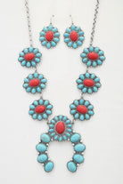 Stunning western concho necklace for women set with matching earrings in turquoise and red stones