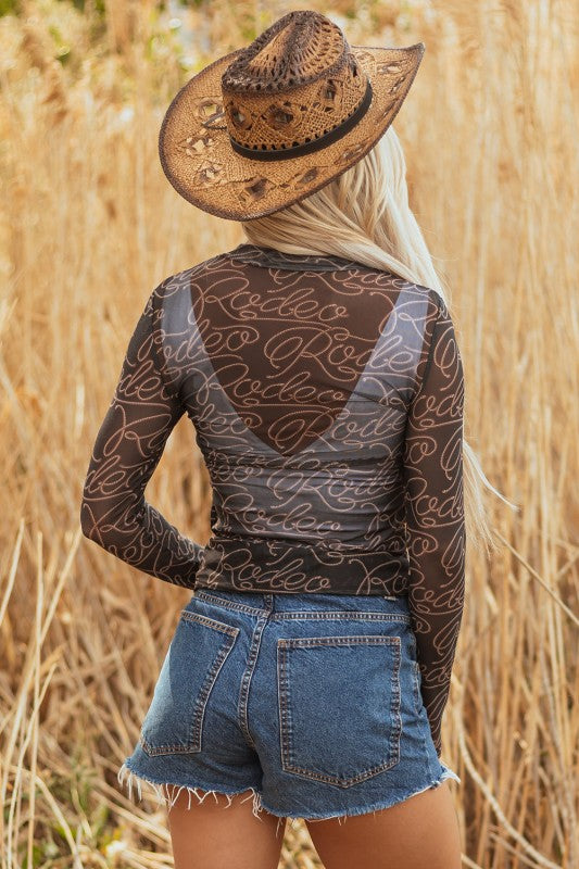 Women's JUNIPER BLVD western rodeo mesh top with stylish design, perfect for western-themed events