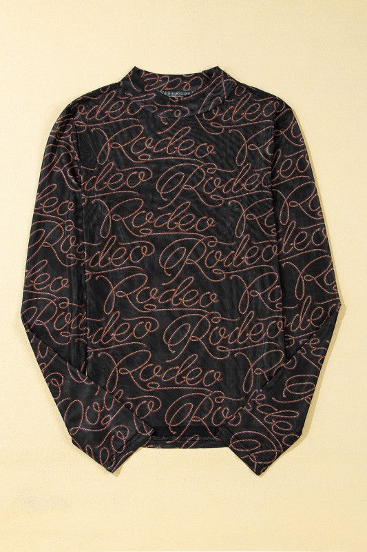 JUNIPER BLVD Women's Western Rodeo Mesh Top with Elegant Script Design and Long Sleeves