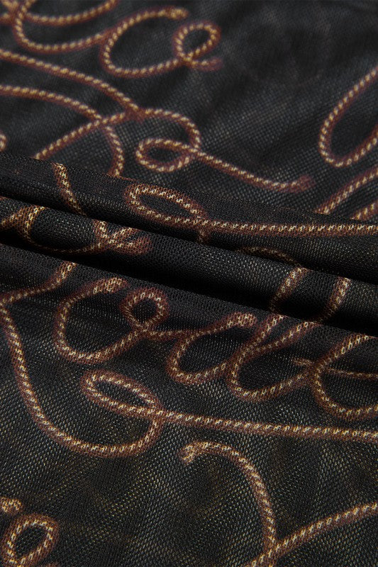 Close-up of JUNIPER BLVD western rodeo mesh top featuring a stylish rope pattern on dark fabric
