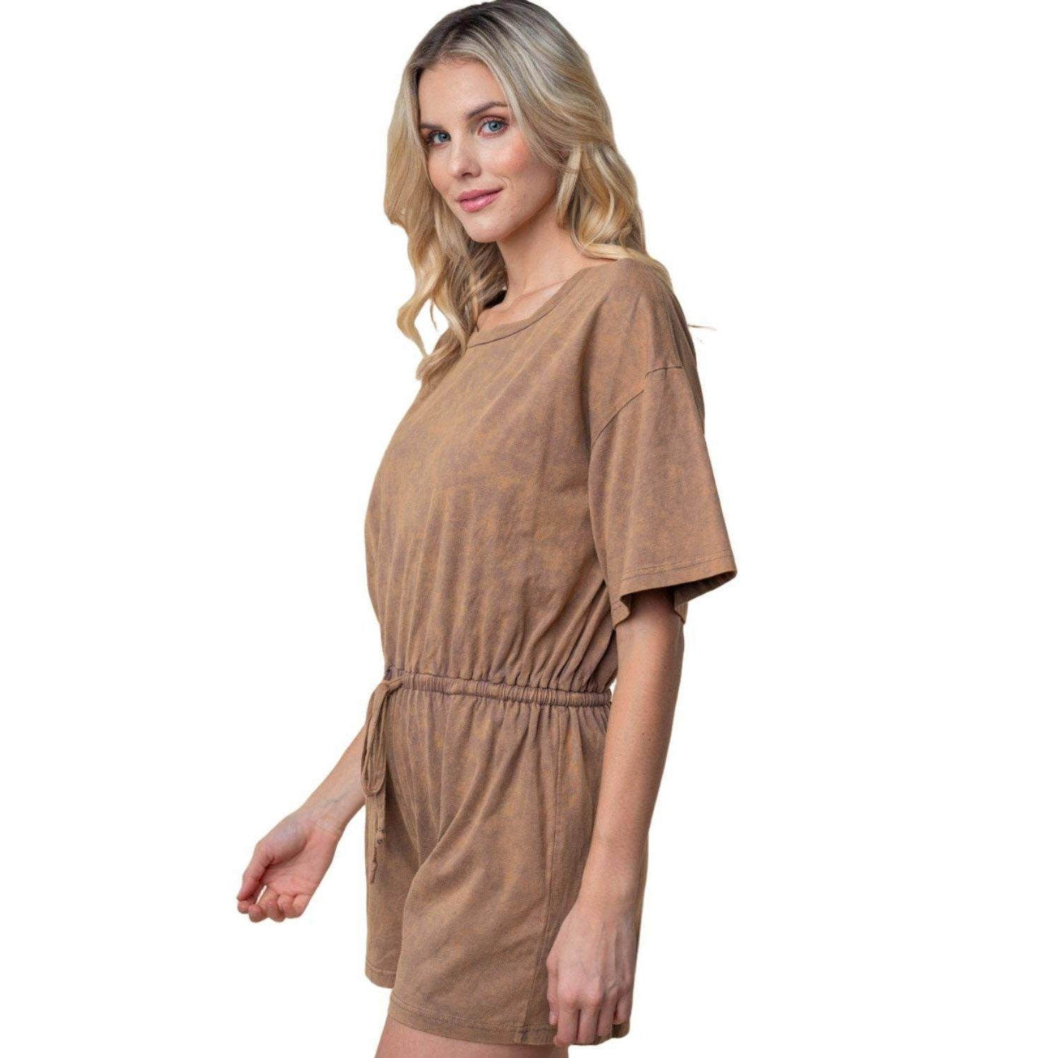 White Birch Full Size Short Sleeve Drawstring Romper - VacationGrabs