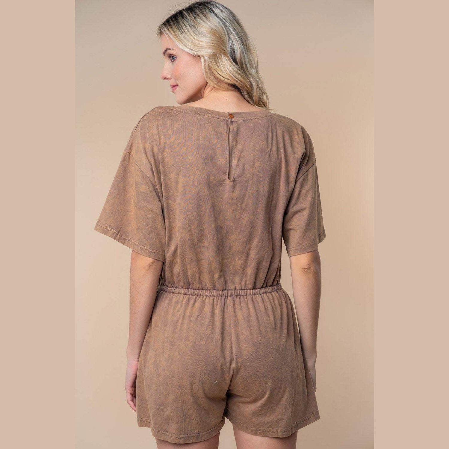 White Birch Full Size Short Sleeve Drawstring Romper - VacationGrabs