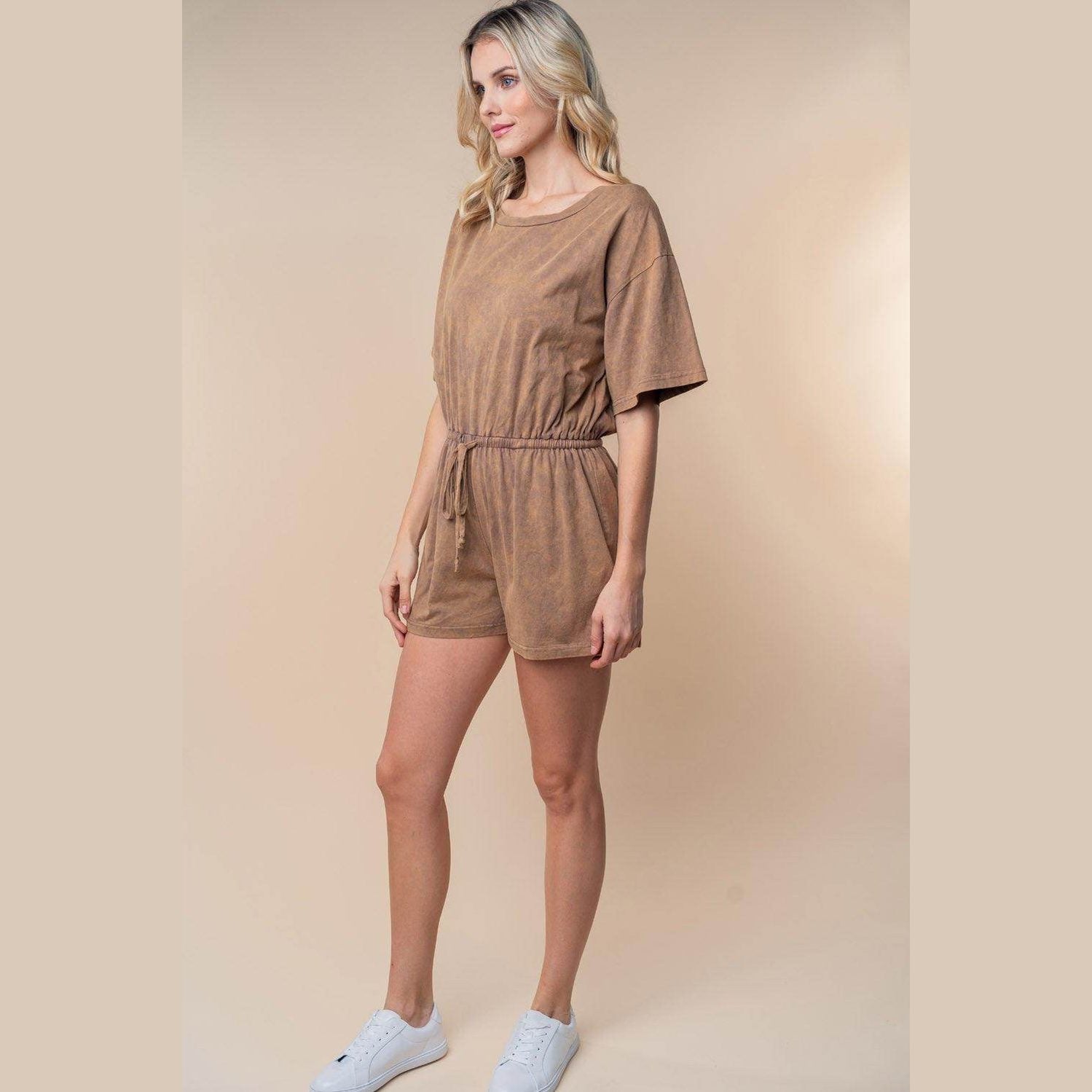 White Birch Full Size Short Sleeve Drawstring Romper - VacationGrabs