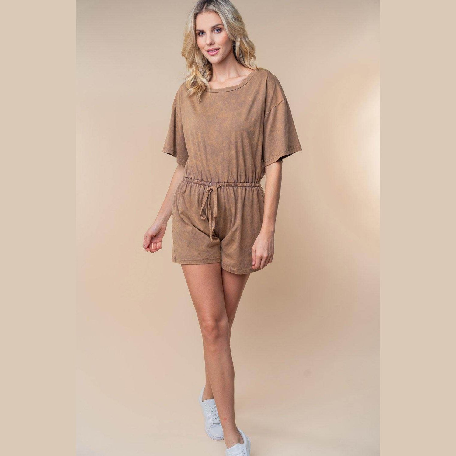 White Birch Full Size Short Sleeve Drawstring Romper - VacationGrabs