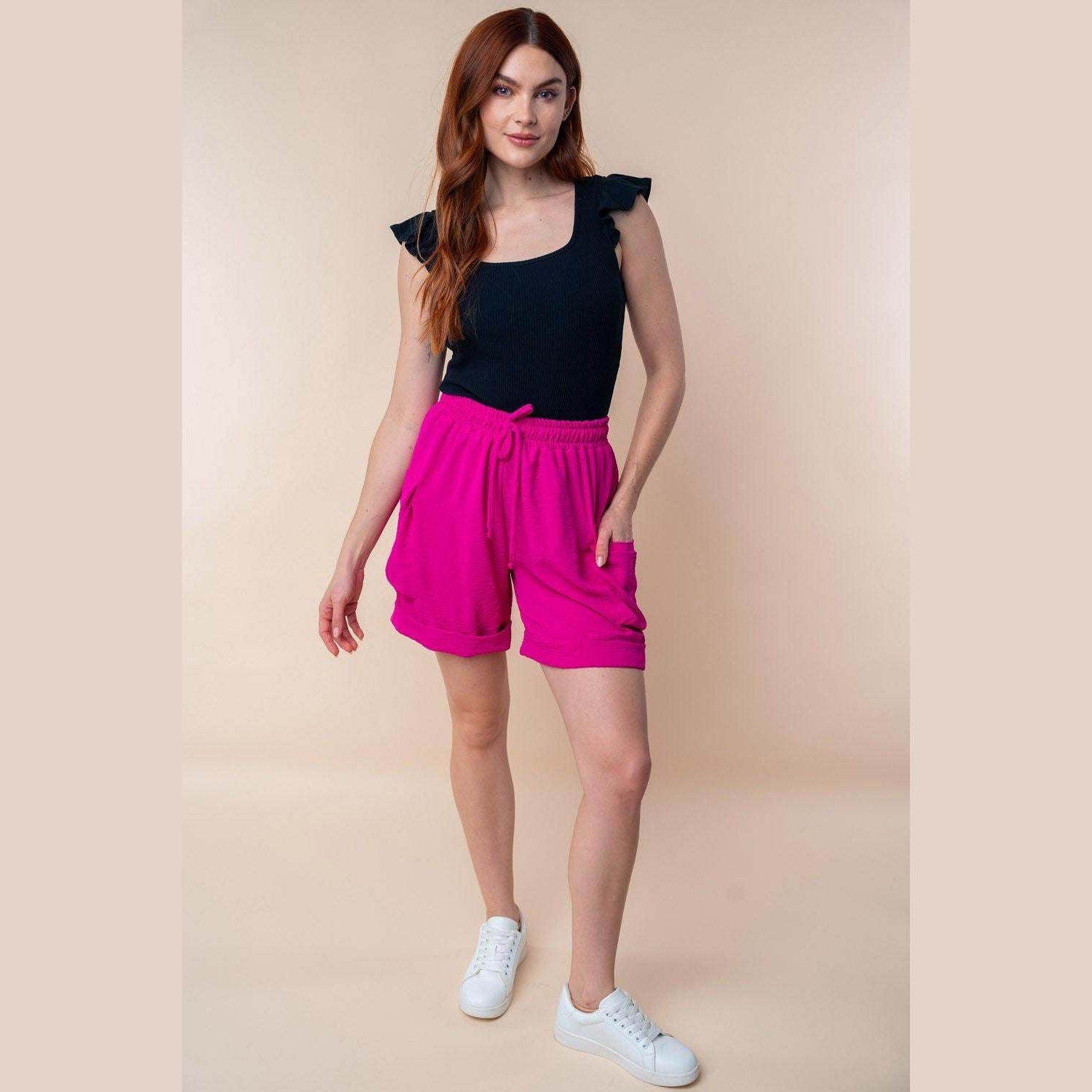 White Birch High Waisted Drawstring Knit Cargo Shorts - VacationGrabs