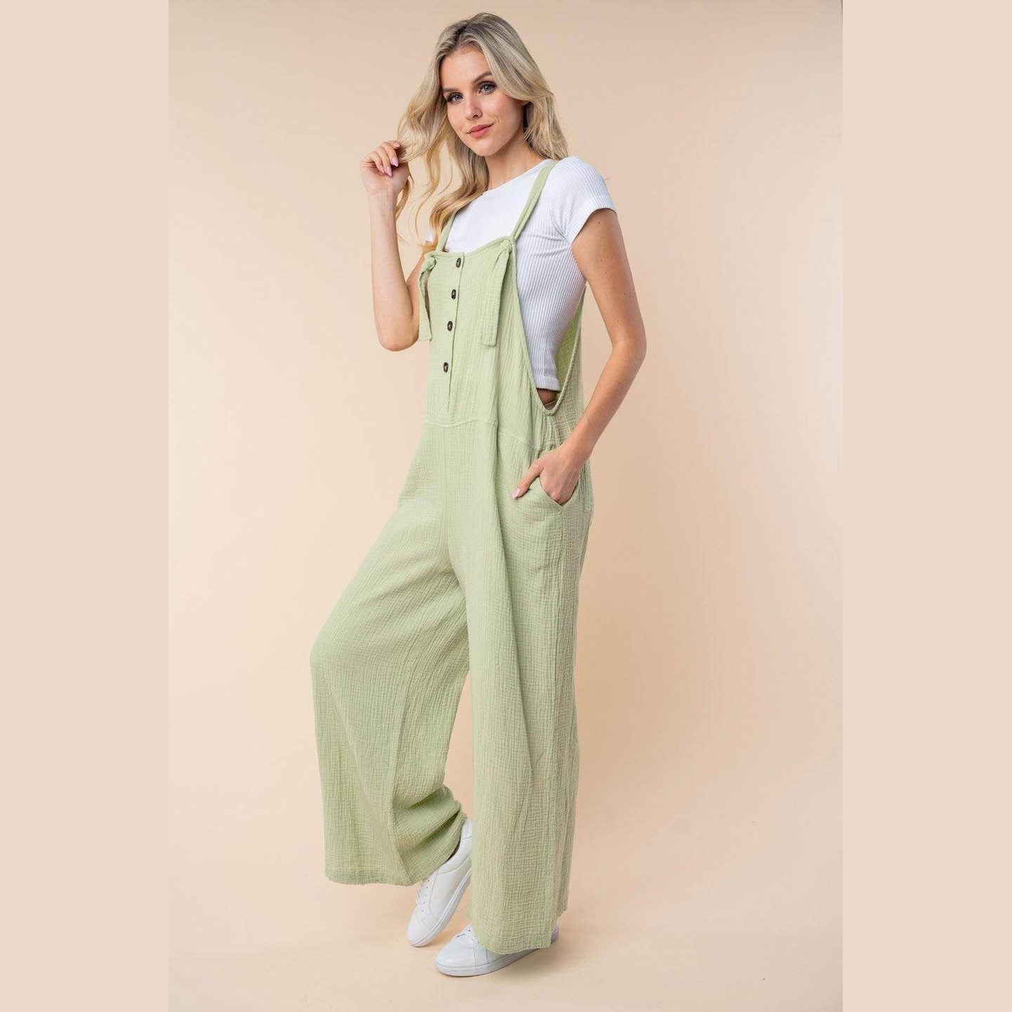 White Birch Texture Sleeveless Wide Leg Jumpsuit - VacationGrabs