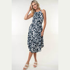 White Birch Tied Ruched Floral Sleeveless Knee Length Dress - VacationGrabs