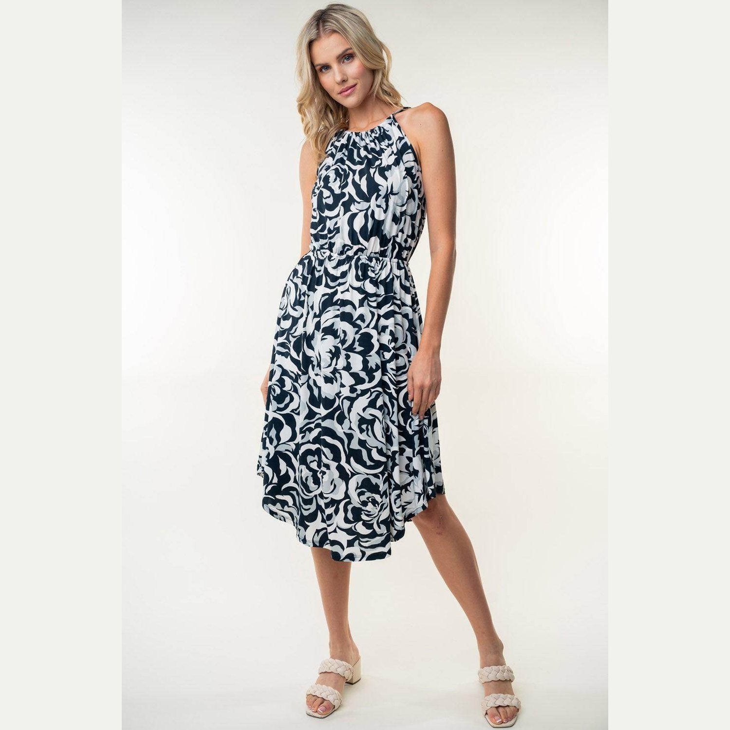 White Birch Tied Ruched Floral Sleeveless Knee Length Dress - VacationGrabs