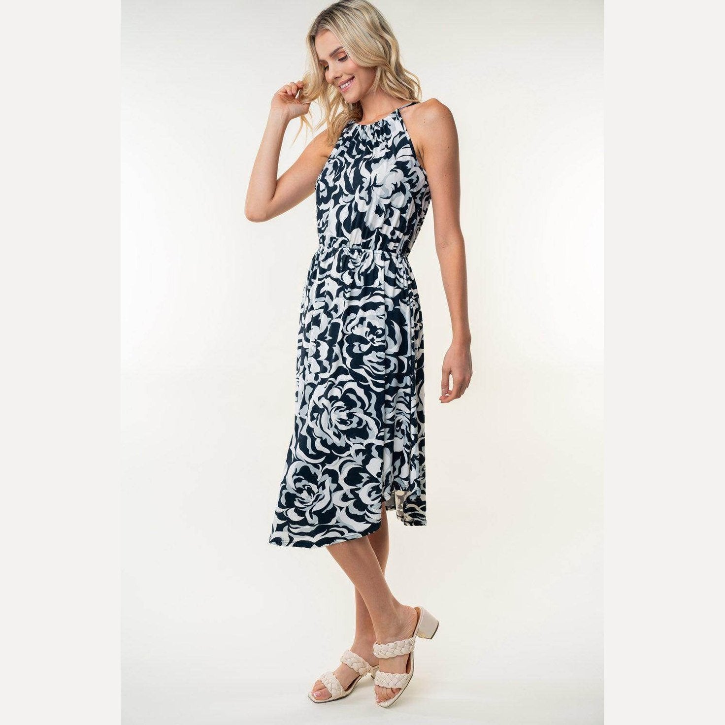 White Birch Tied Ruched Floral Sleeveless Knee Length Dress - VacationGrabs