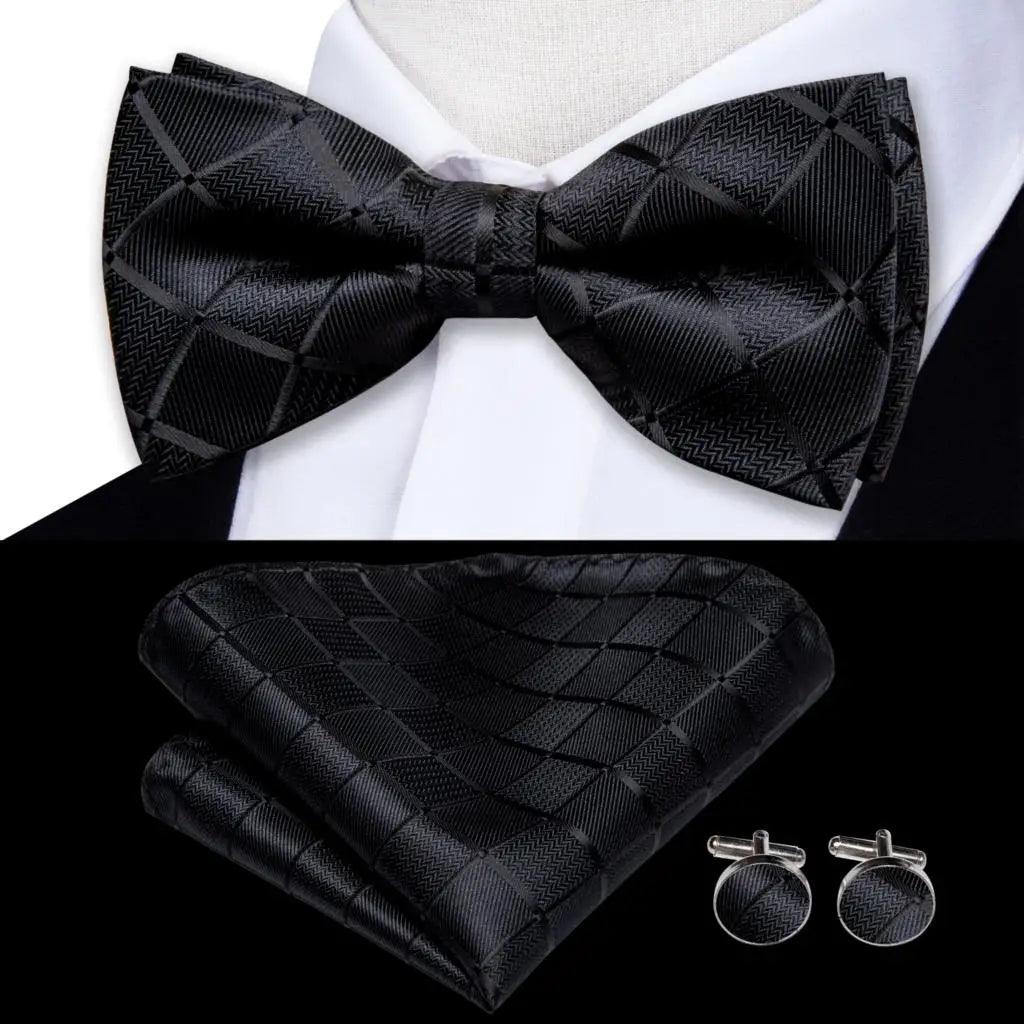 Men's Accessories - Ties White Black Gray Silver Silk Mens Bow Ties Hanky Cufflinks Sets