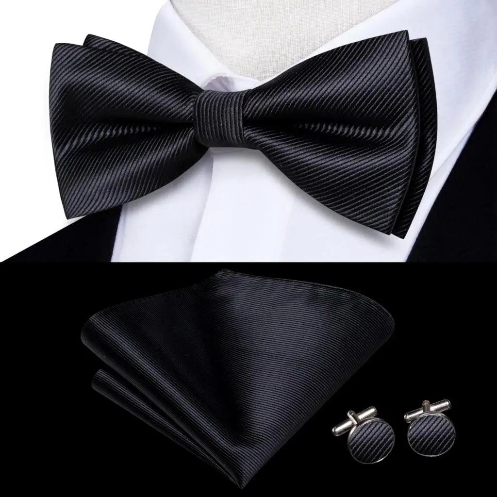 Men's Accessories - Ties White Black Gray Silver Silk Mens Bow Ties Hanky Cufflinks Sets