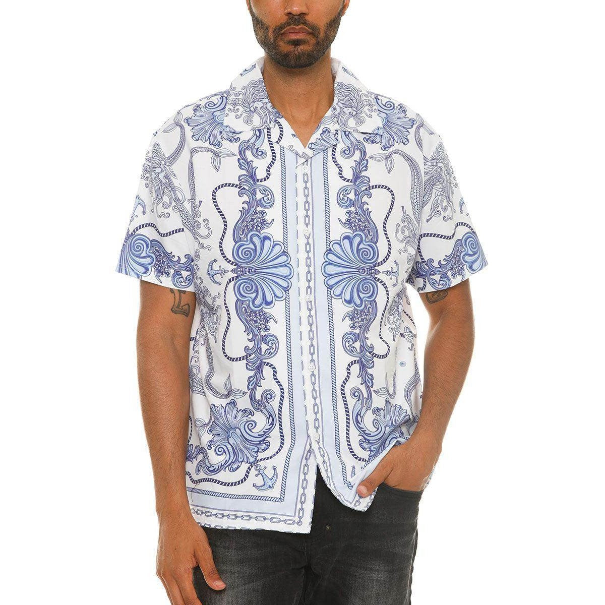 White Blue Paisley Button Down Shirt - VacationGrabs