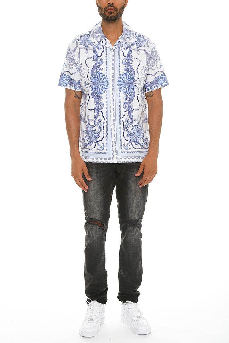 White Blue Paisley Button Down Shirt - VacationGrabs