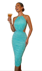 women's turquoise bodycon midi dress, ideal for beach parties