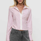 Pink striped white button up blouse womens for casual or workwear