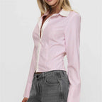 White button up blouse womens with pink stripes, ideal for casual wear