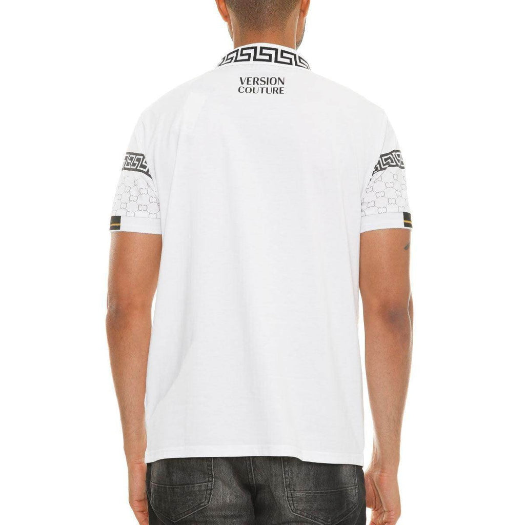 Stylish white collared polo for men with unique graphic details and a modern fit