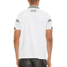 Stylish white collared polo for men with unique graphic details and a modern fit
