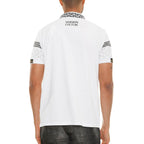 Stylish white collared polo for men with unique graphic details and a modern fit