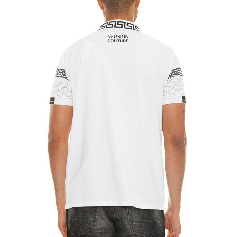 Stylish white collared polo for men with unique graphic details and a modern fit