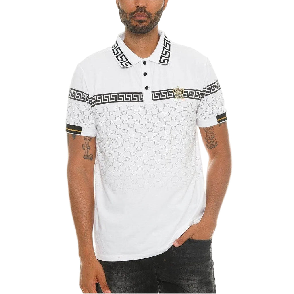 Stylish white collared polo for men with Greek pattern detailing and a classic fit