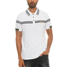 Stylish white collared polo for men with Greek pattern detailing and a classic fit