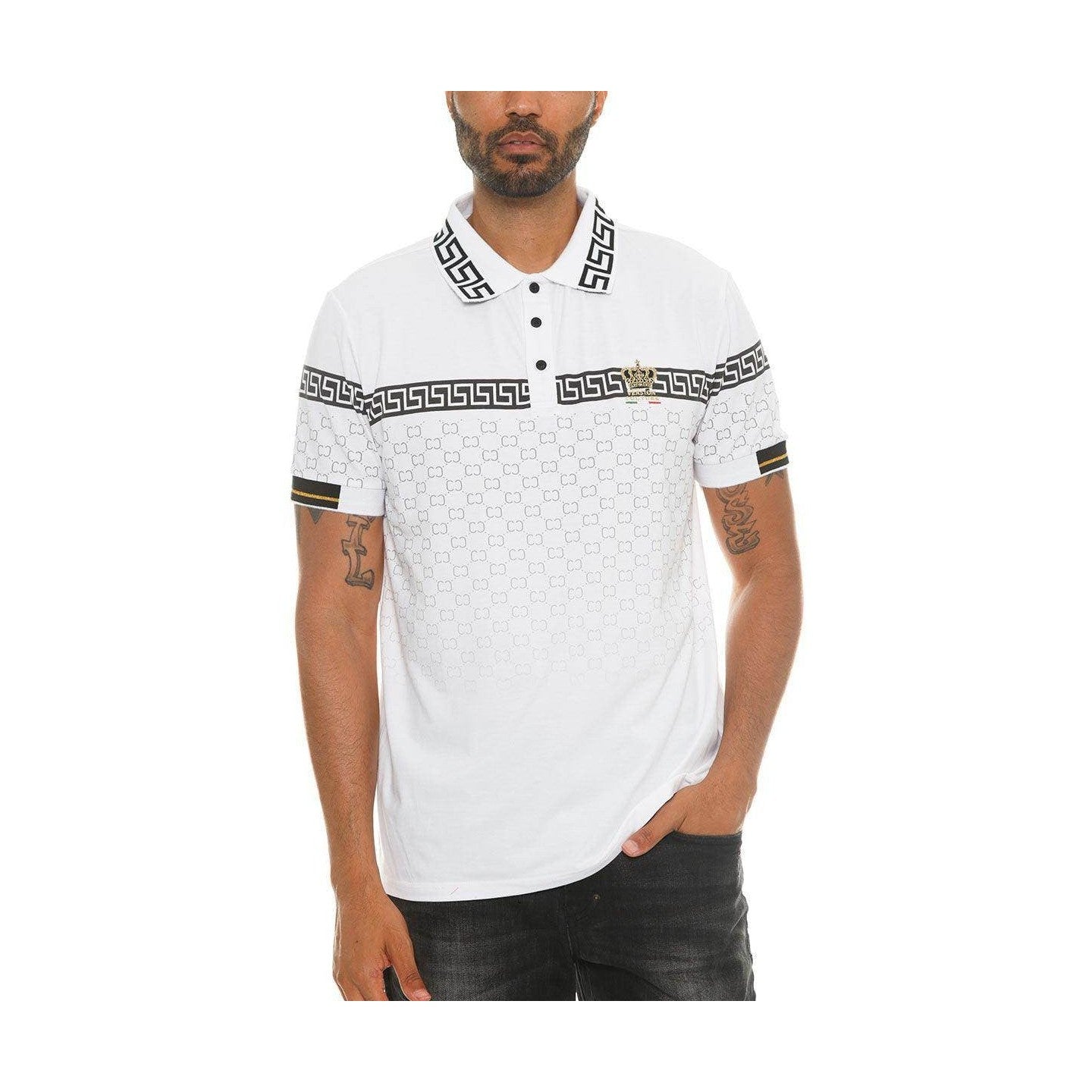 Stylish white collared polo for men with Greek pattern detailing and a classic fit