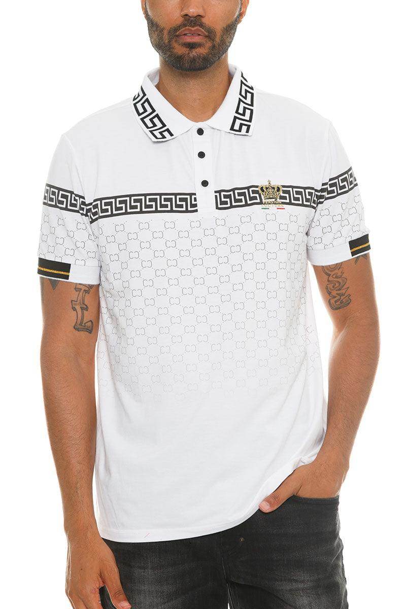 Stylish white collared polo for men with Greek pattern detailing and a classic fit