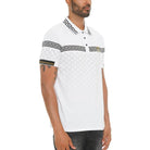 Stylish white collared polo for men with unique patterned design and contrasting collar details