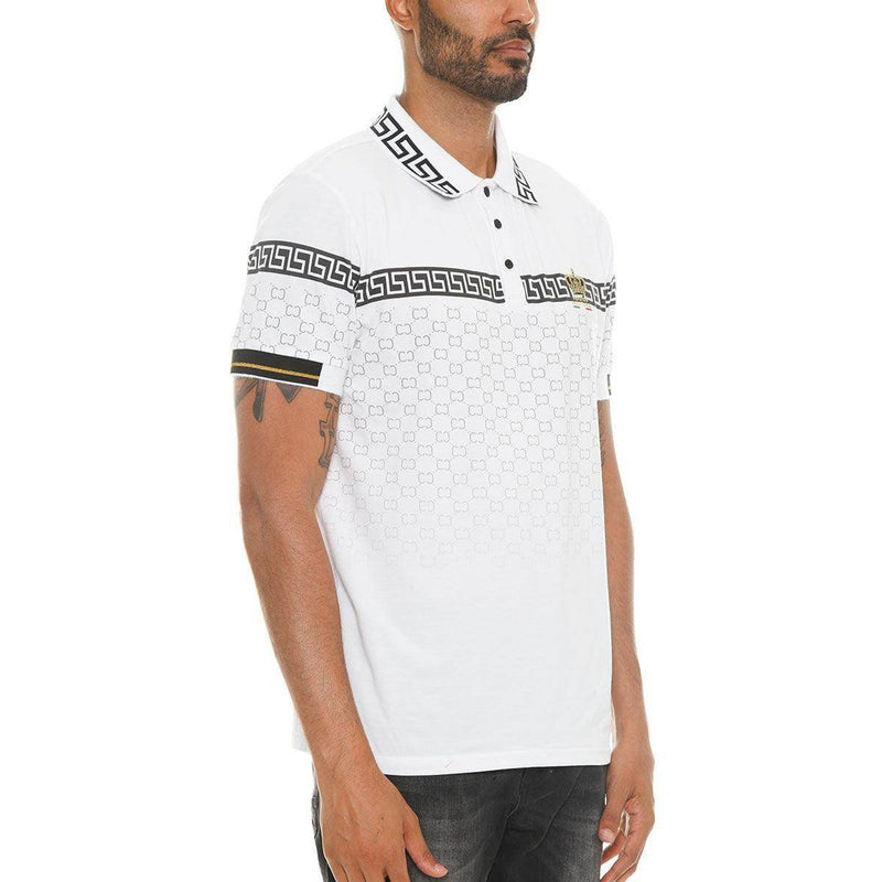Stylish white collared polo for men with unique patterned design and contrasting collar details