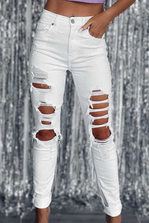 Women's Jeans White Distressed Ripped Holes High Waist Skinny Jeans