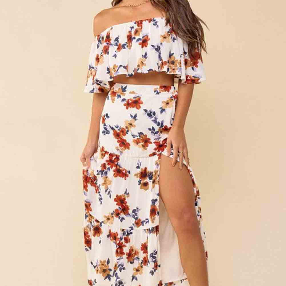Women's Outfits & Sets White Floral Print Off-Shoulder Crop Top And Maxi Skirt Set