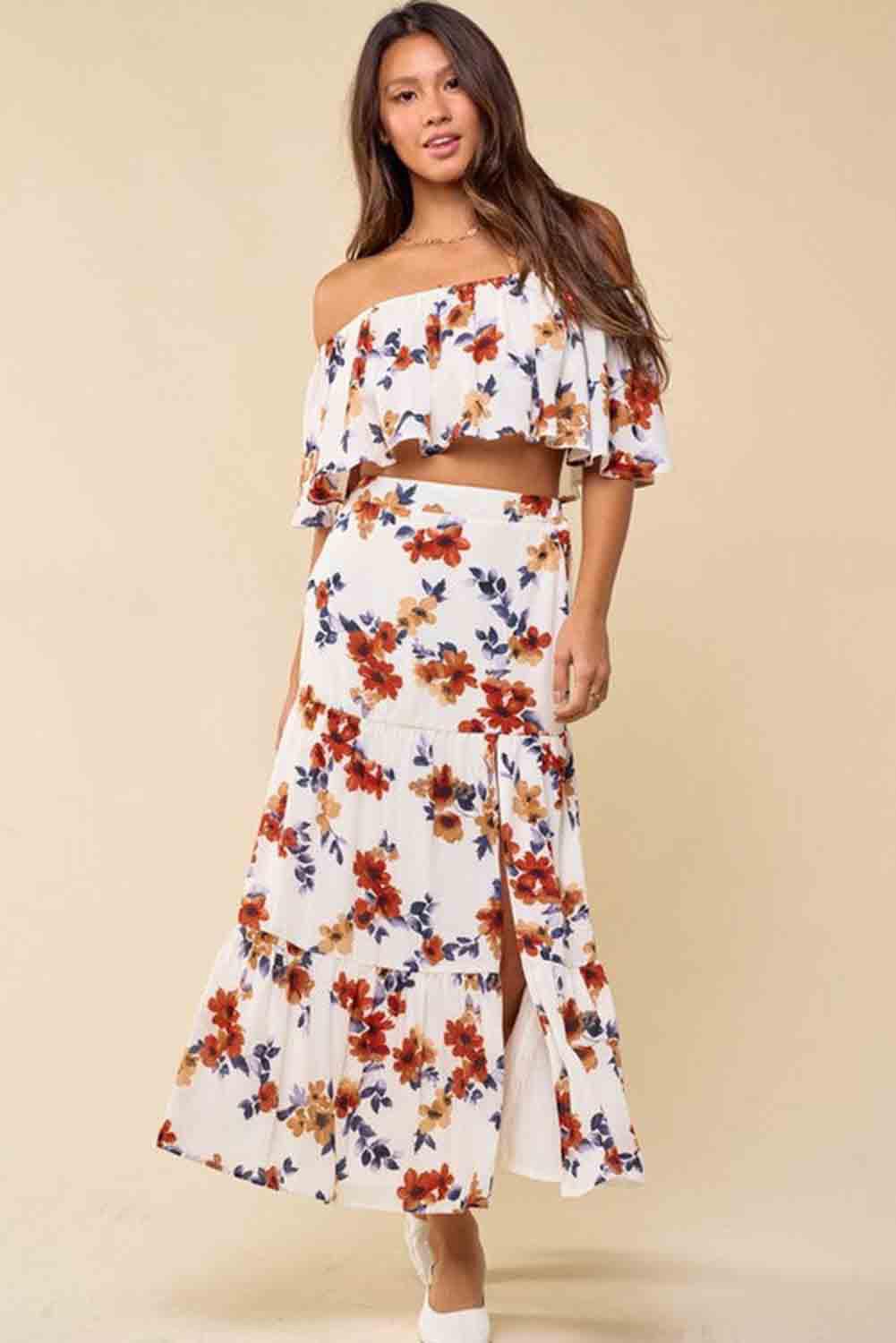 Women's Outfits & Sets White Floral Print Off-Shoulder Crop Top And Maxi Skirt Set
