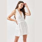 Mustard Seed women's white halter neck smocked dress with tiered skirt and deep V neckline